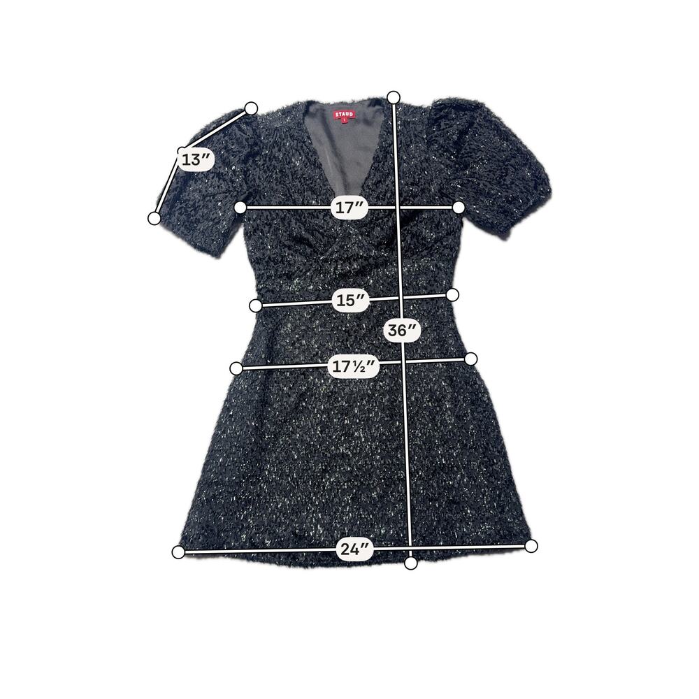 Staud Mini Dress Womens 8 Black Textured Tinsel Fringe Puff Sleeve Lined Modern - Picture 10 of 11